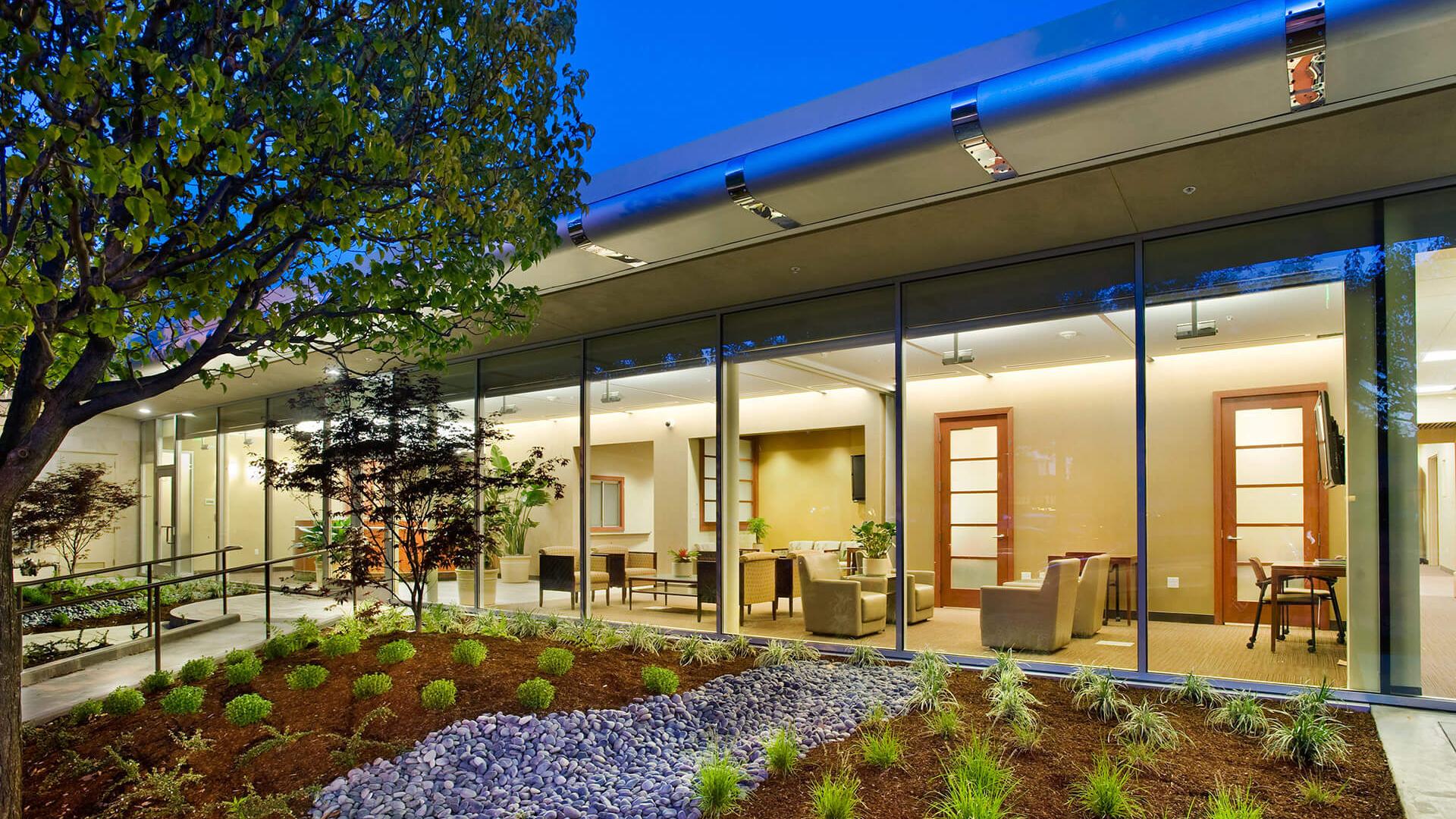 Exterior of Stanford Imaging Center at night