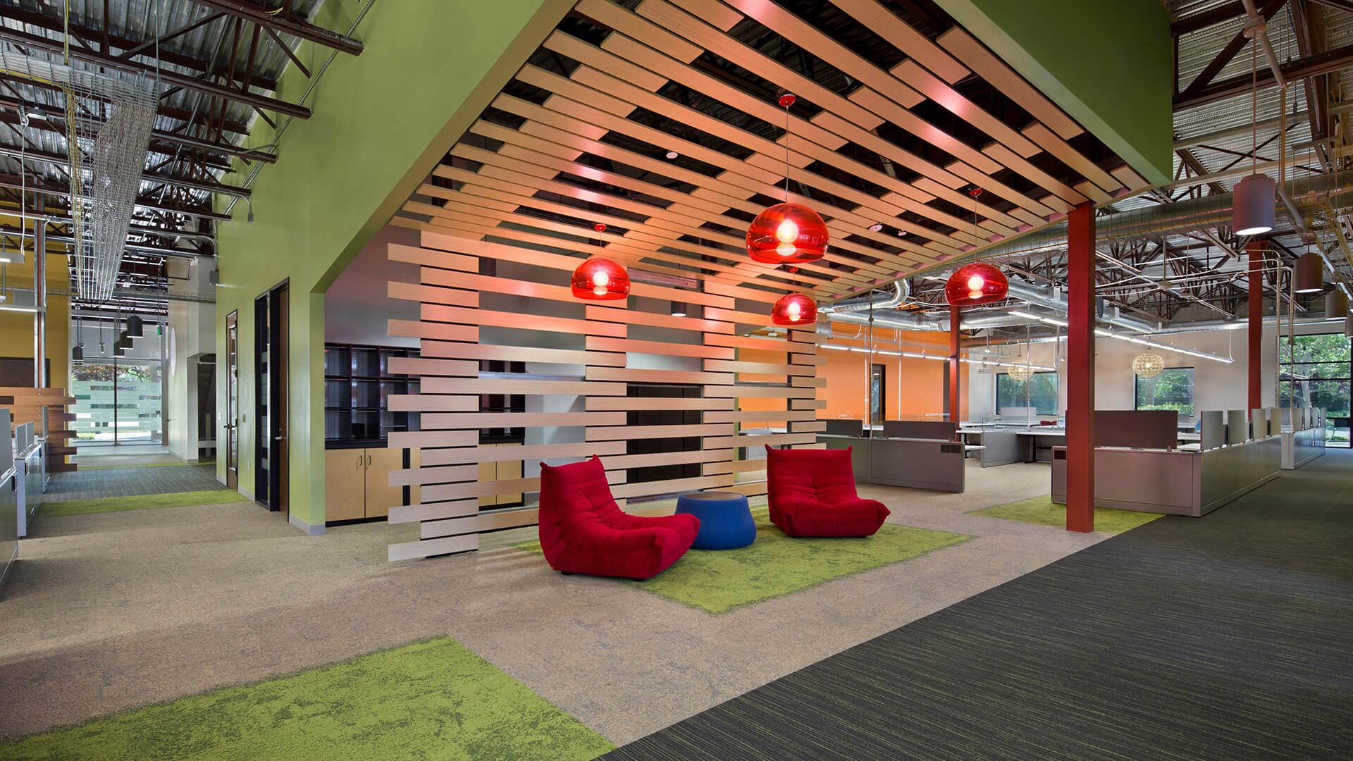 Materials from previous projects were reused creatively such as wood ceiling in lounge