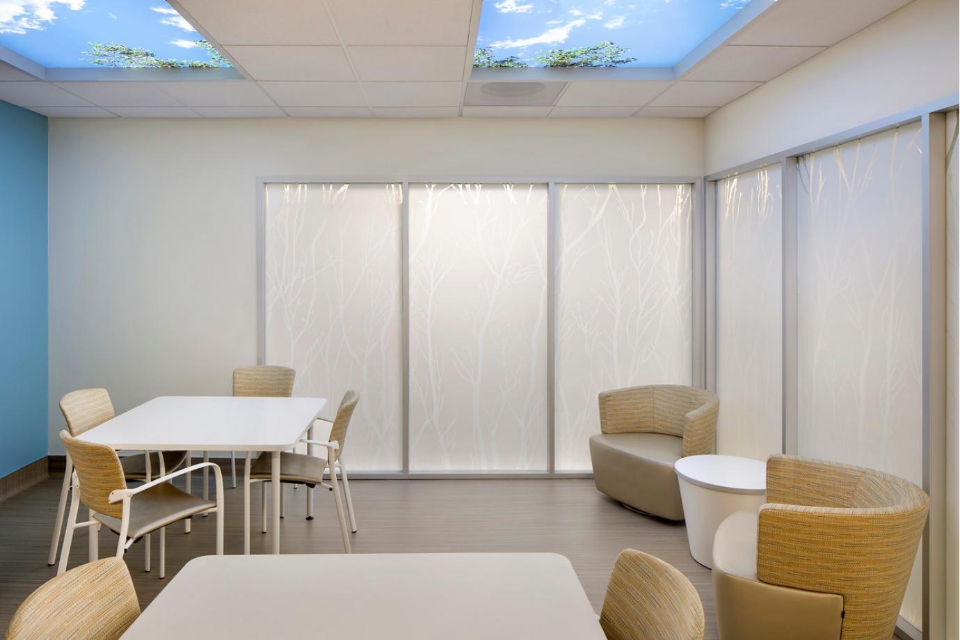 Translucent art glass in Staff Break room allows for soft light and privacy