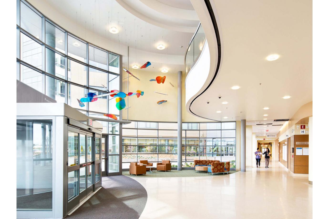 Natural light and art in hospital lobby