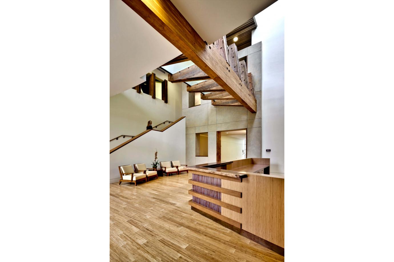 Lobby with glass bridge above reception