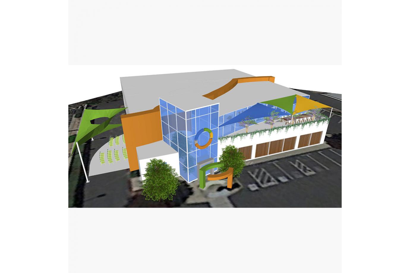 Aerial rendering of building featuring new outdoor courtyard and sunshades